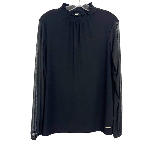 NEW Anne Klein Black High Neck Blouse Mesh Sleeves Business - Size Large - Picture 1 of 8